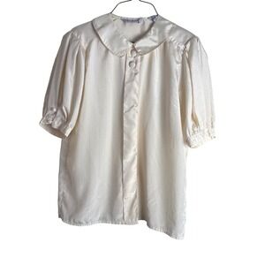 Laura Jayne Womens Size 12 Cream Textured Button Up Blouse Top Short Sleeve